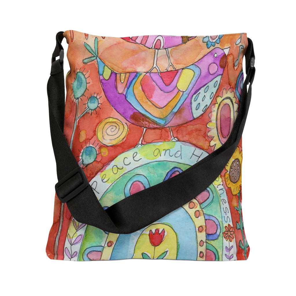 Boho Peace & Happiness Adjustable Tote Bag — Colorful Floral Bird Original Art