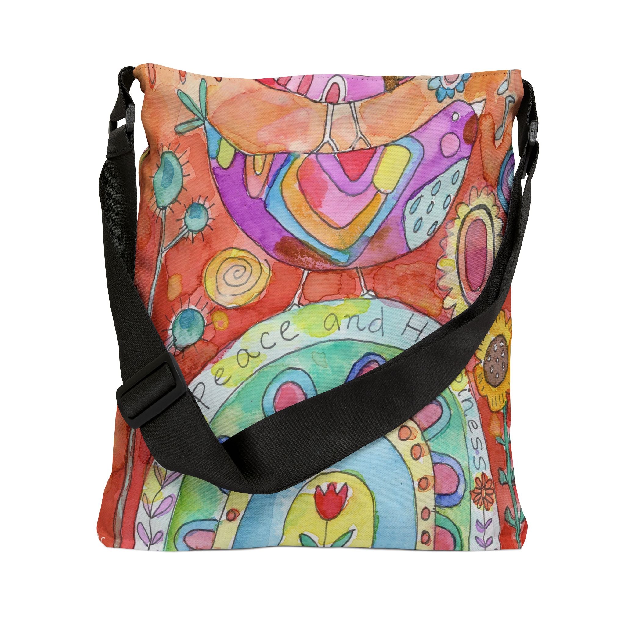 Boho Peace & Happiness Adjustable Tote Bag — Colorful Floral Bird Original Art