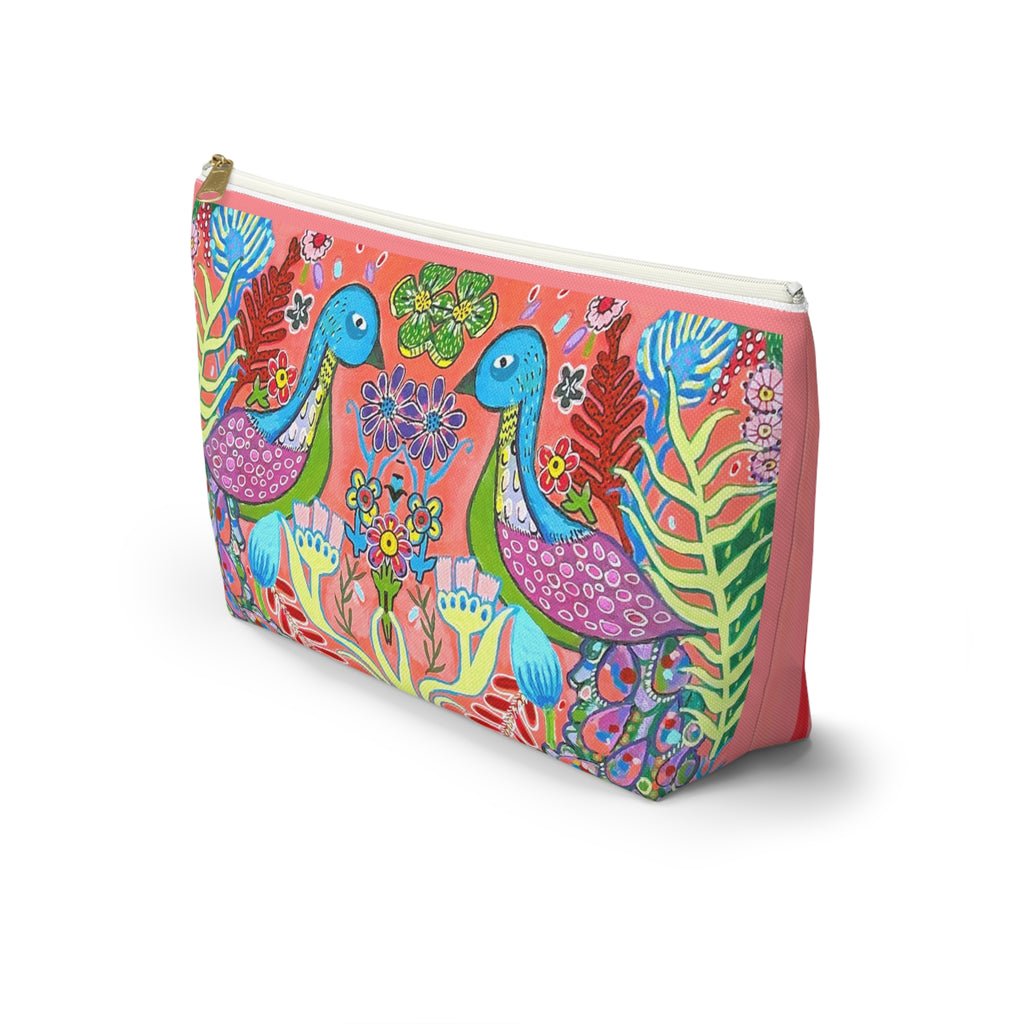 Colorful Folk Peacock Accessory Pouch — Floral T-Bottom Makeup Bag LARGE
