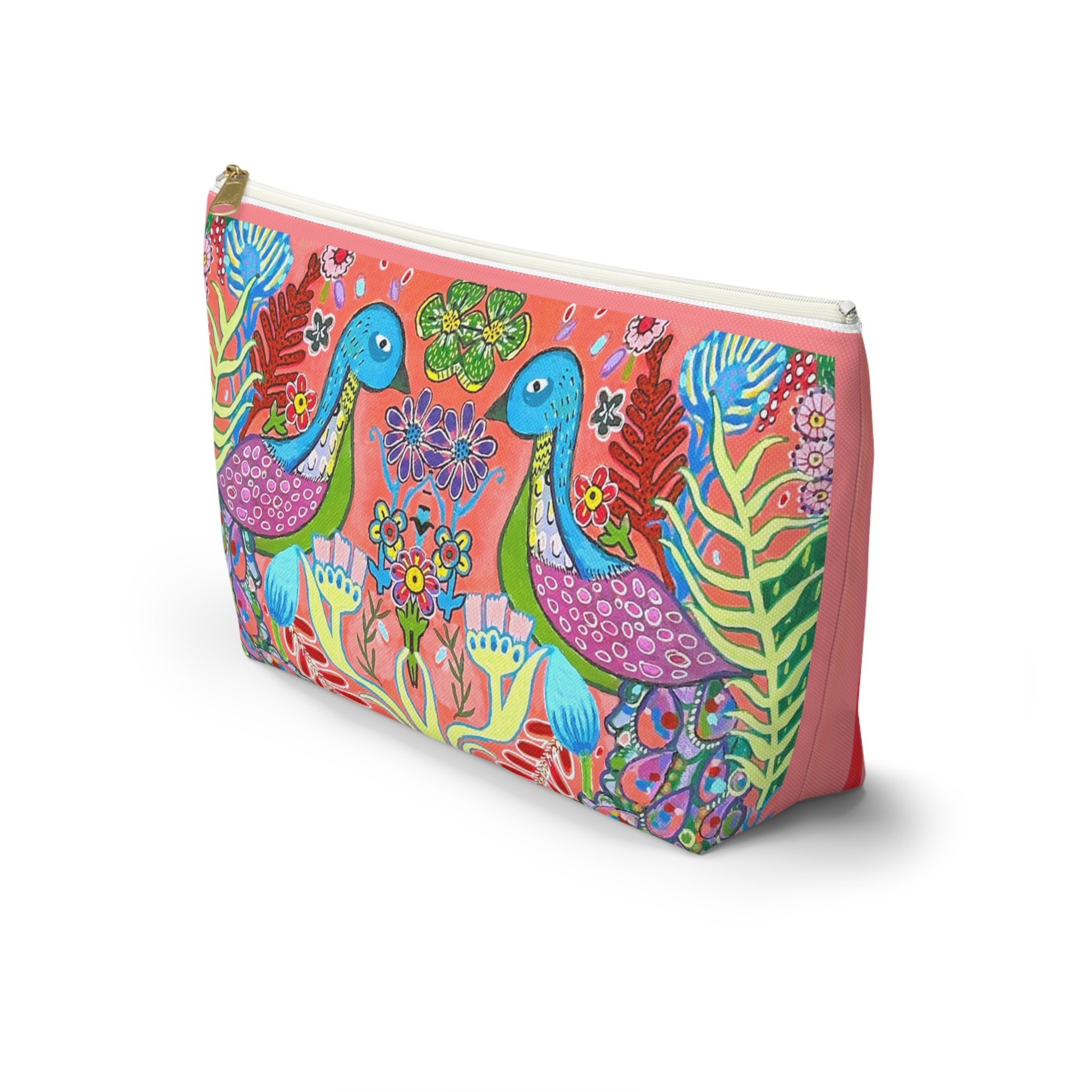 Colorful Folk Peacock Accessory Pouch — Floral T-Bottom Makeup Bag LARGE