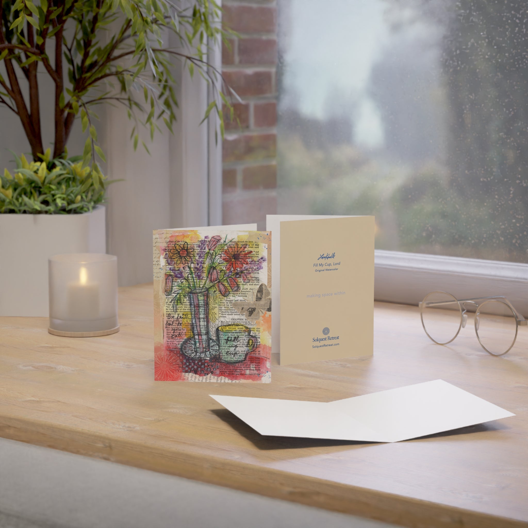 Fill My Cup, Lord — Watercolor Collage Sympathy/Encouragement Note (Pack of 1, 10, 30, 50)