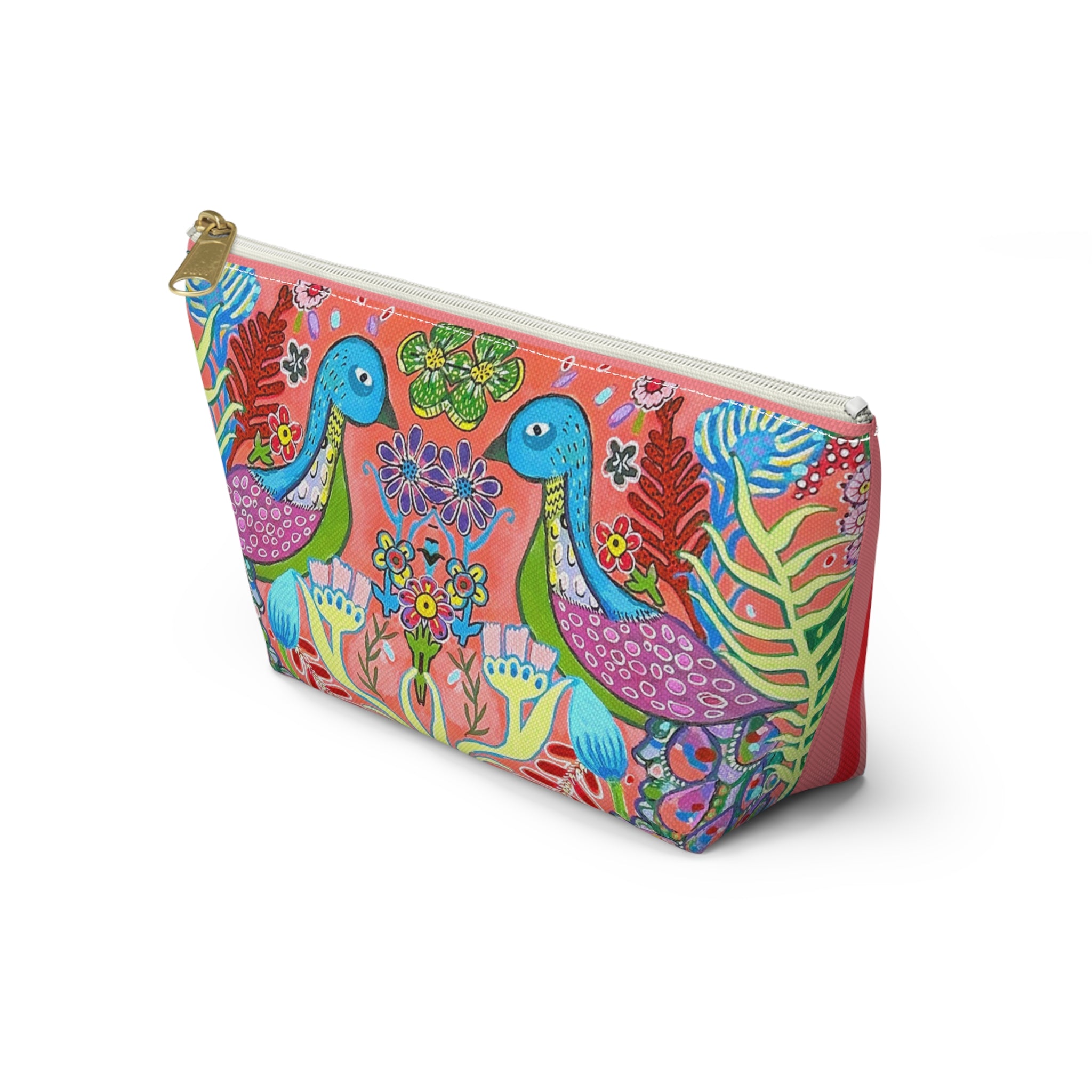 Floral Peacock Accessory Pouch — Colorful Striped T‑Bottom Makeup Bag SMALL