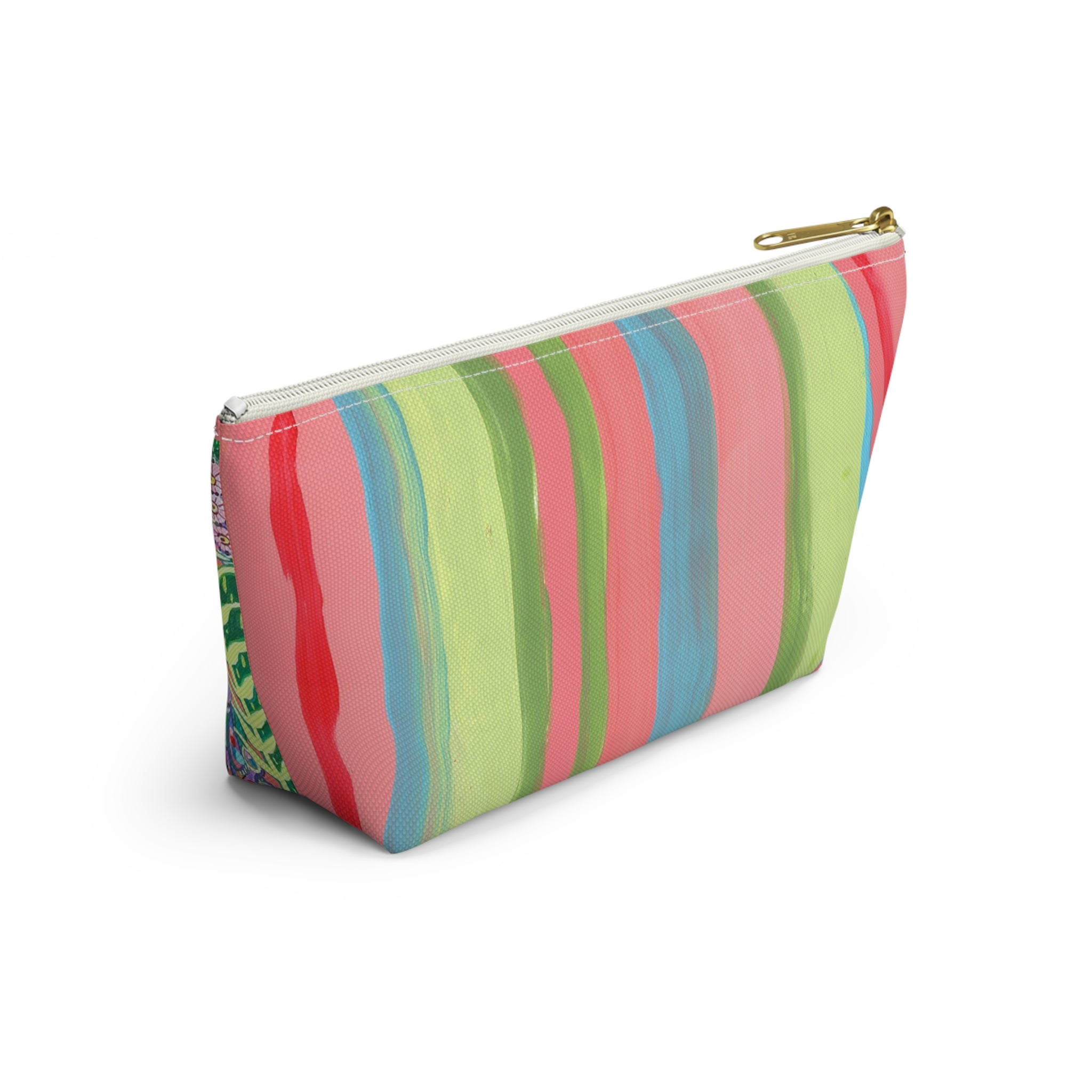 Floral Peacock Accessory Pouch — Colorful Striped T‑Bottom Makeup Bag SMALL