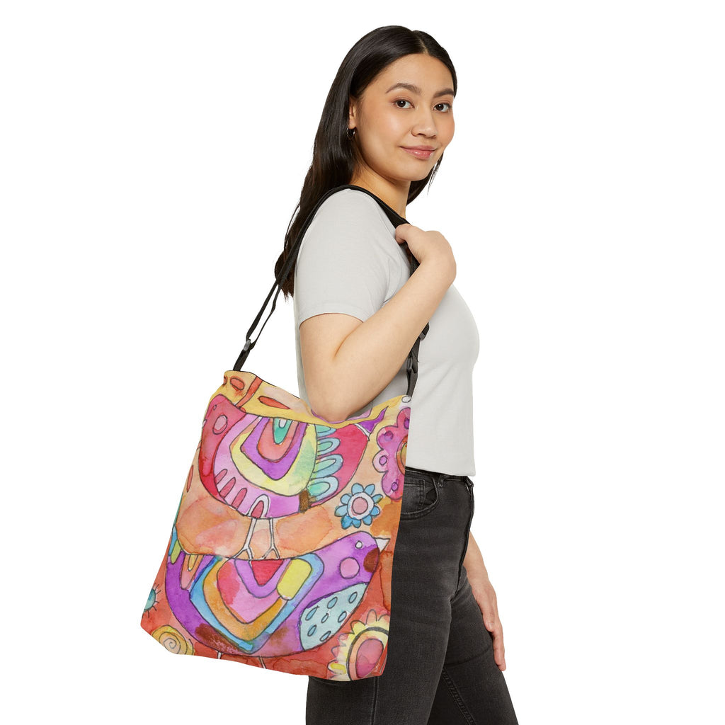 Boho Peace & Happiness Adjustable Tote Bag — Colorful Floral Bird Original Art