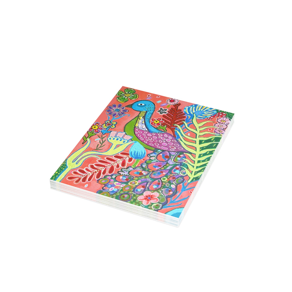 Peacock of Many Colors Greeting Cards – Vibrant Floral Handmade Art (Pack of 1, 10, 30, 50)