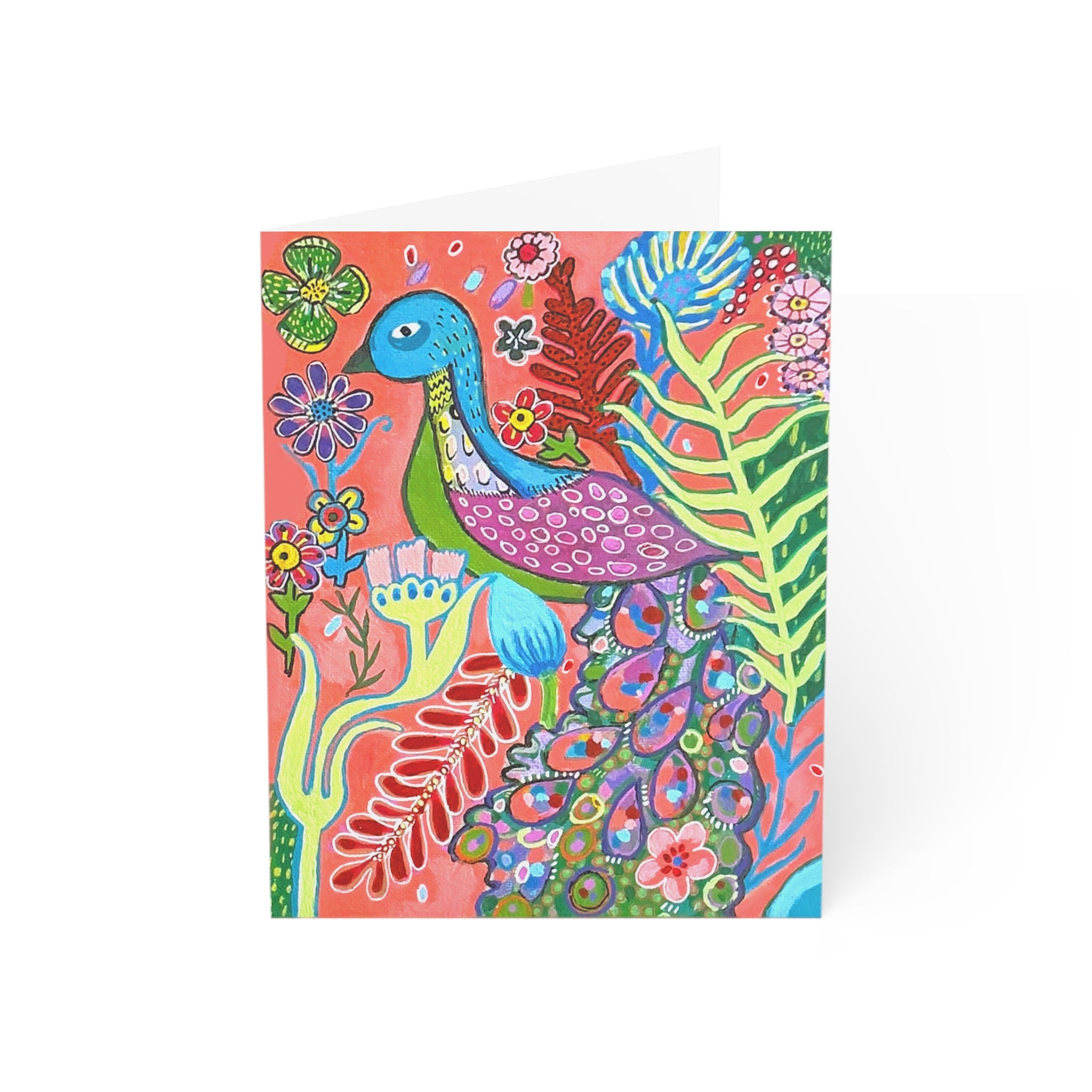 Peacock of Many Colors Greeting Cards – Vibrant Floral Handmade Art (Pack of 1, 10, 30, 50)