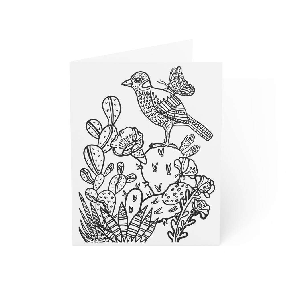 Desert Life Coloring Greeting Cards — Pack of 1/10/30/50 (Bird & Cactus Design)