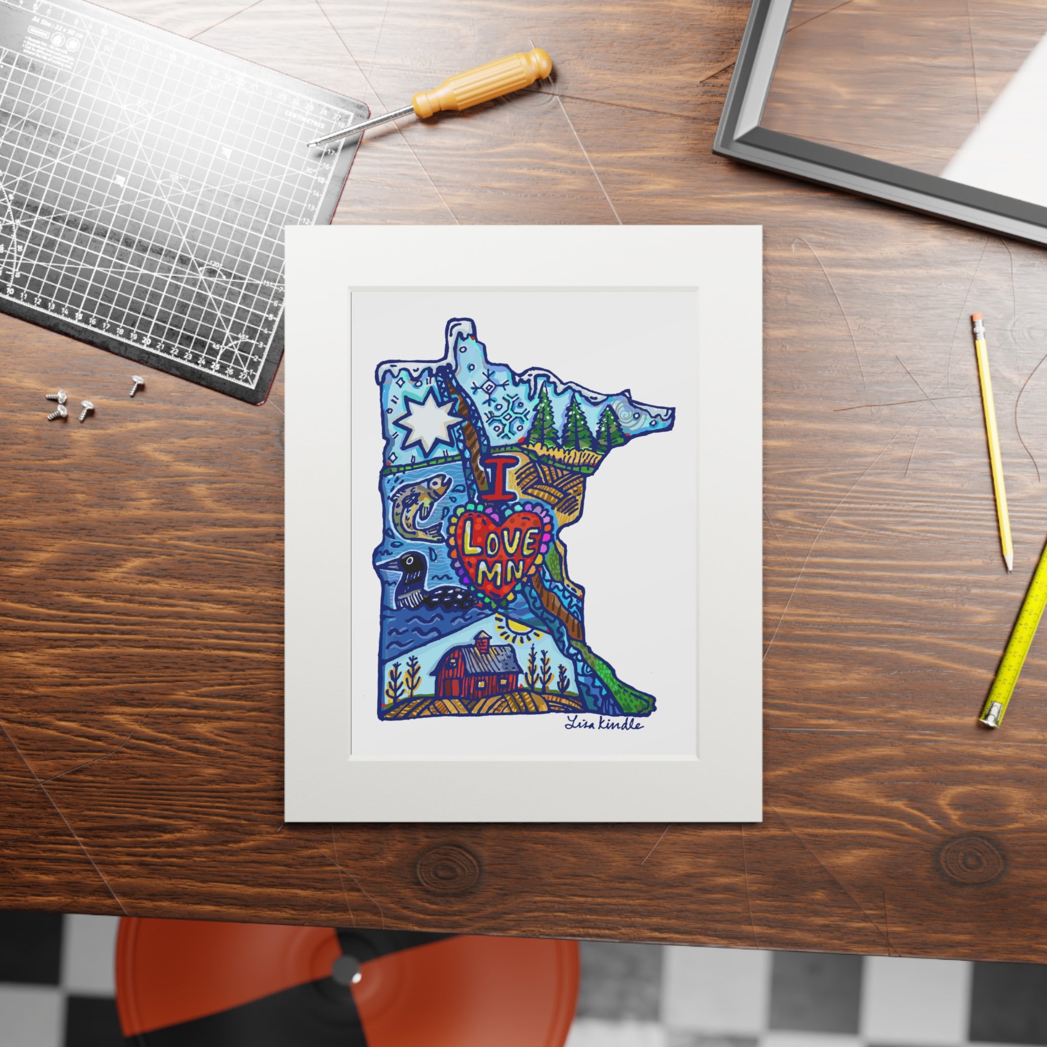 Minnesota Map Fine Art Print with "I Love MN" Original Art by Lisa Kindle