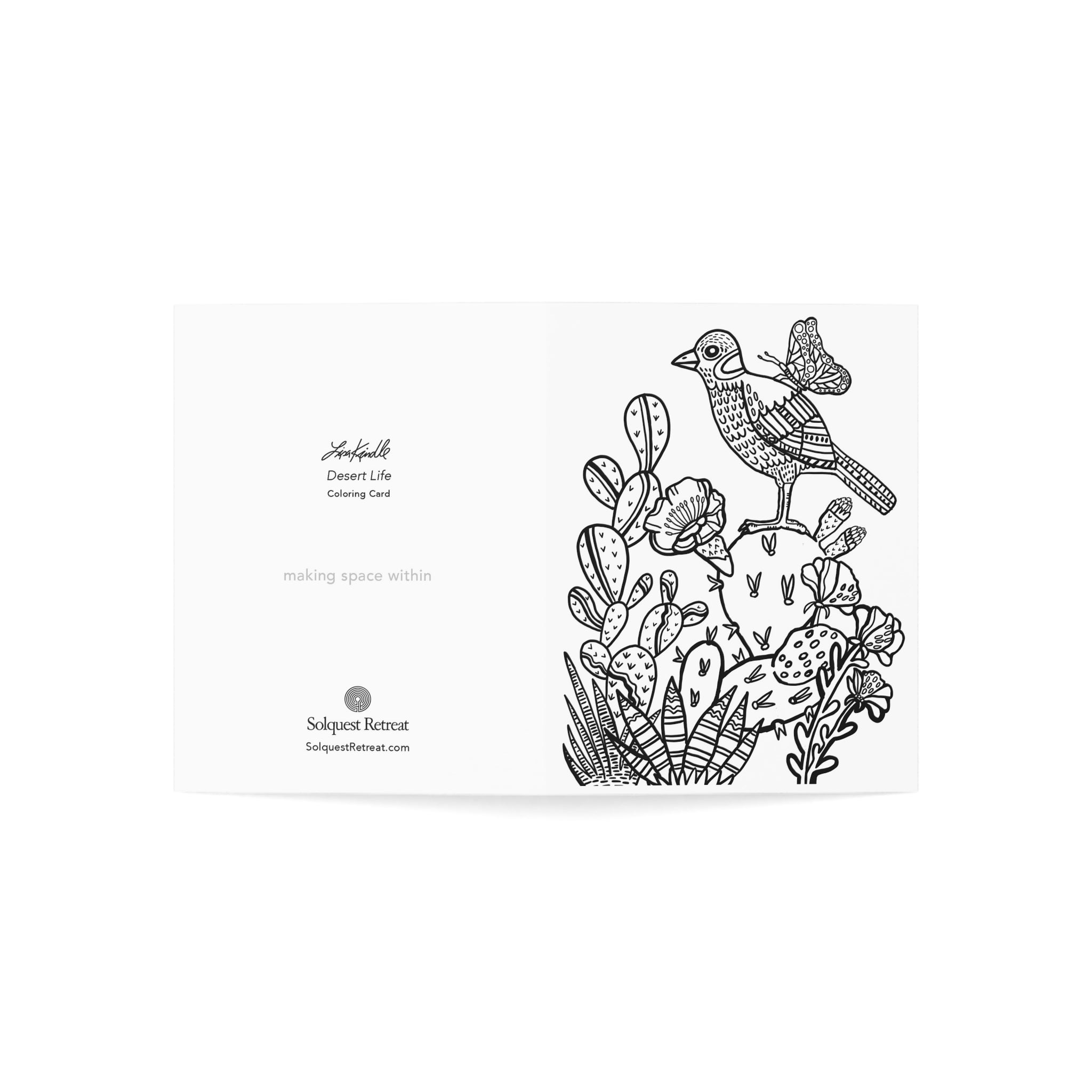 Desert Life Coloring Greeting Cards — Pack of 1/10/30/50 (Bird & Cactus Design)