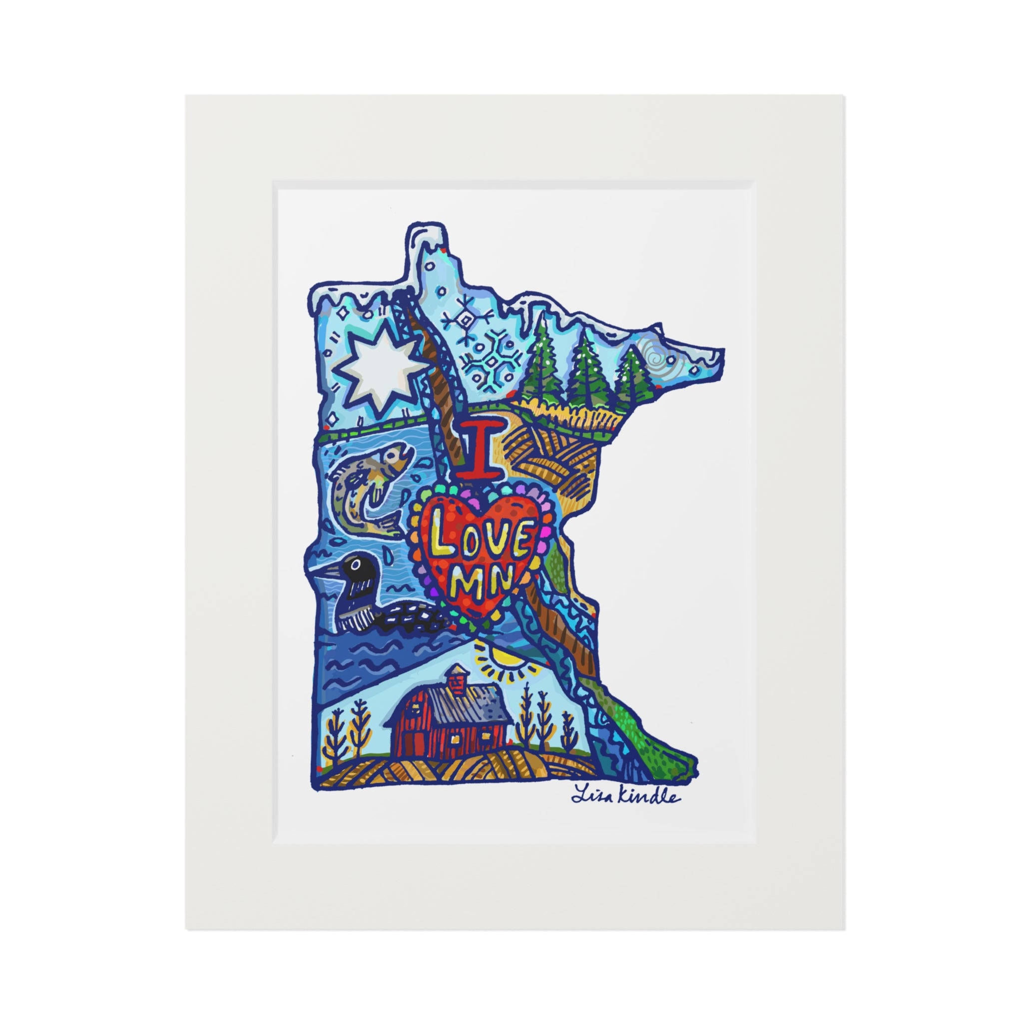 Minnesota Map Fine Art Print with "I Love MN" Original Art by Lisa Kindle