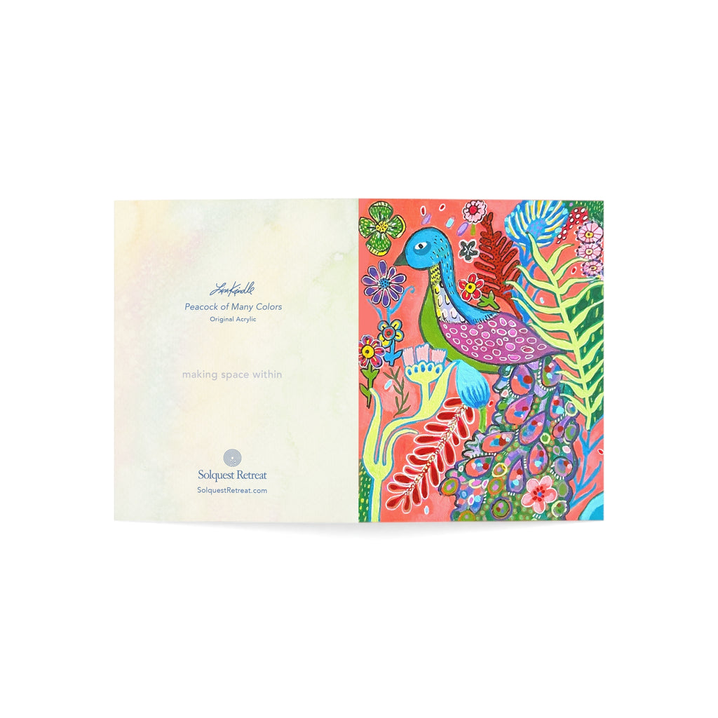 Peacock of Many Colors Greeting Cards – Vibrant Floral Handmade Art (Pack of 1, 10, 30, 50)