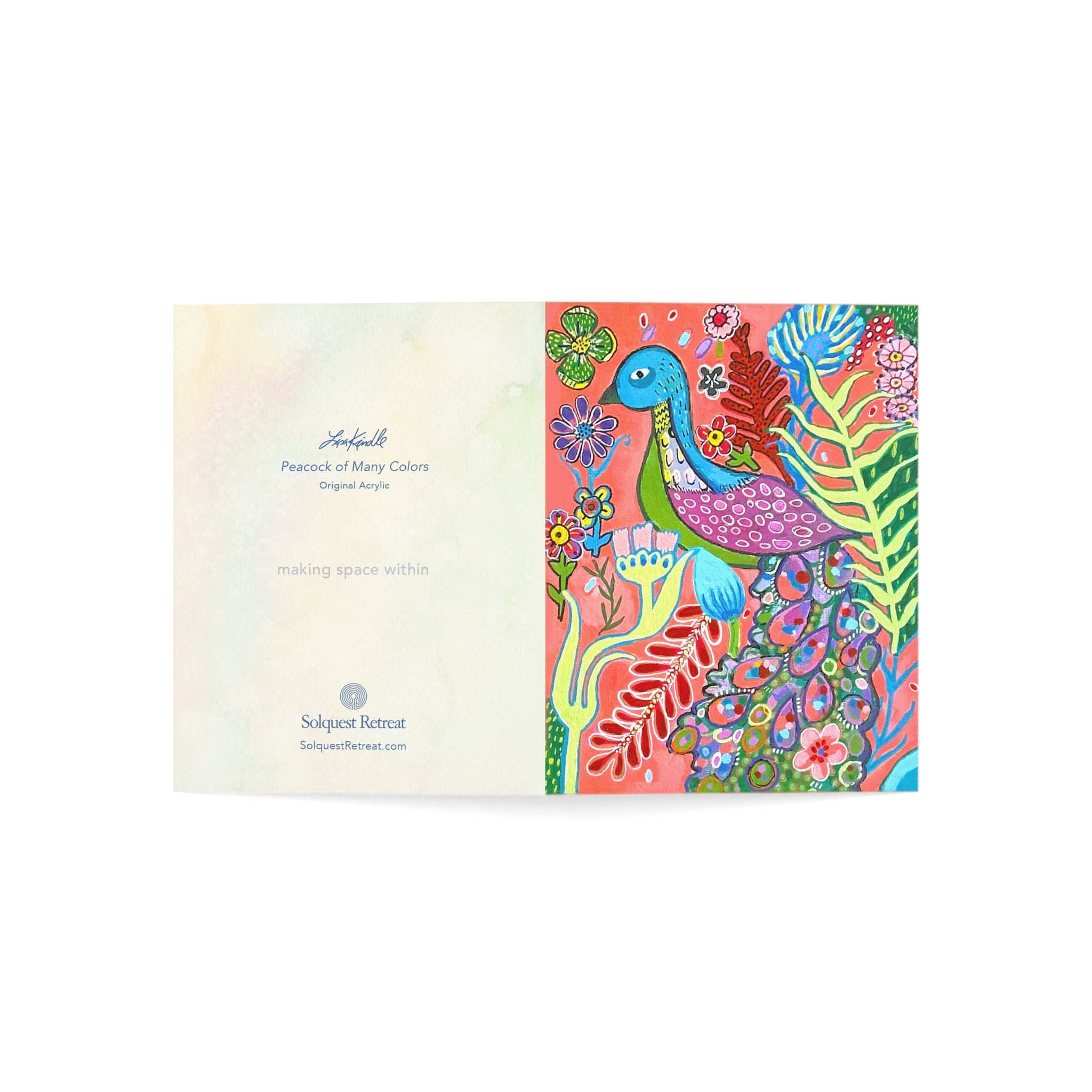 Peacock of Many Colors Greeting Cards – Vibrant Floral Handmade Art (Pack of 1, 10, 30, 50)