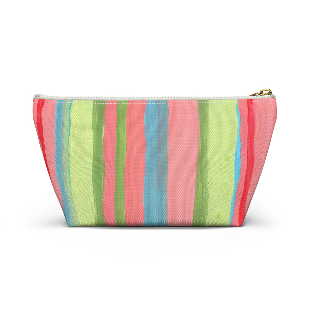Floral Peacock Accessory Pouch — Colorful Striped T‑Bottom Makeup Bag SMALL