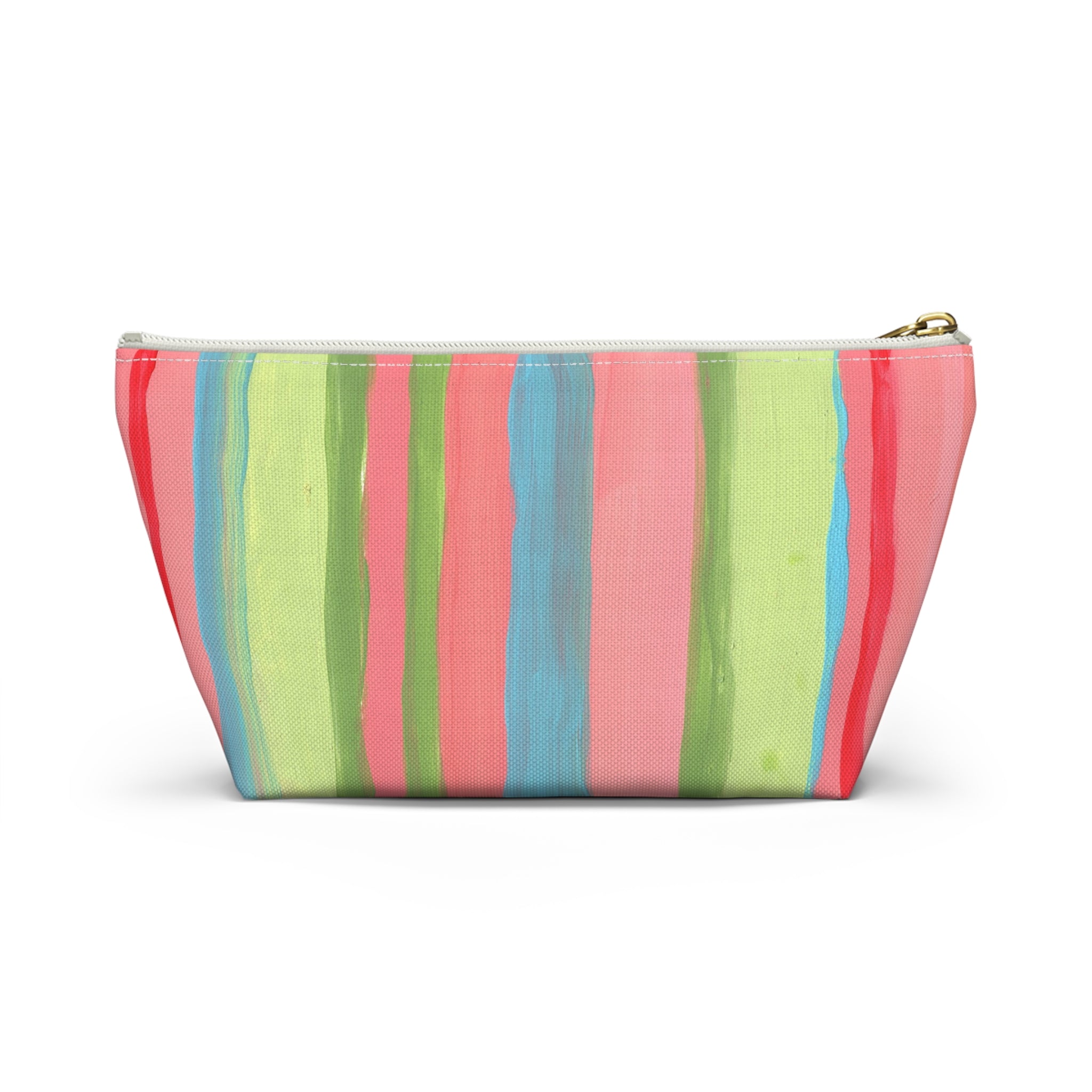 Floral Peacock Accessory Pouch — Colorful Striped T‑Bottom Makeup Bag SMALL
