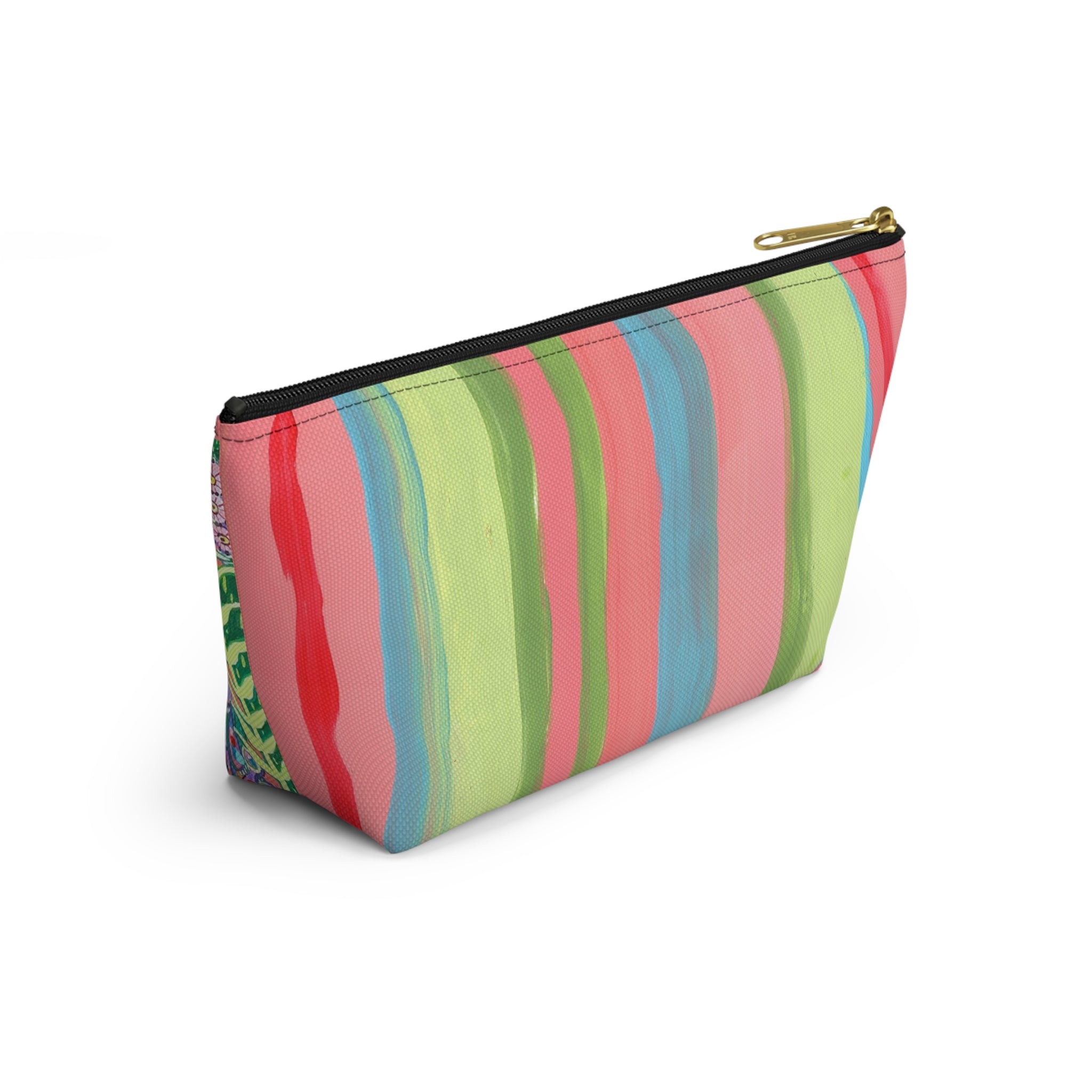 Floral Peacock Accessory Pouch — Colorful Striped T‑Bottom Makeup Bag SMALL