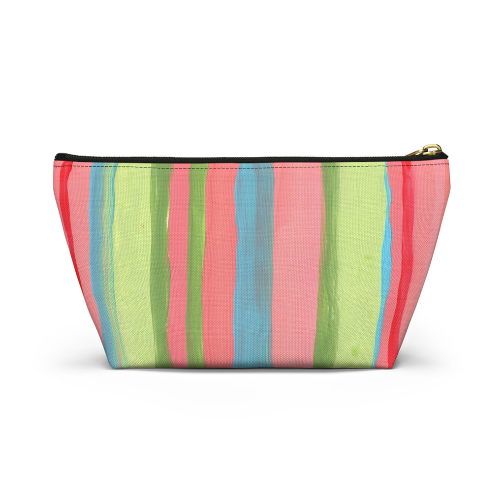 Floral Peacock Accessory Pouch — Colorful Striped T‑Bottom Makeup Bag SMALL