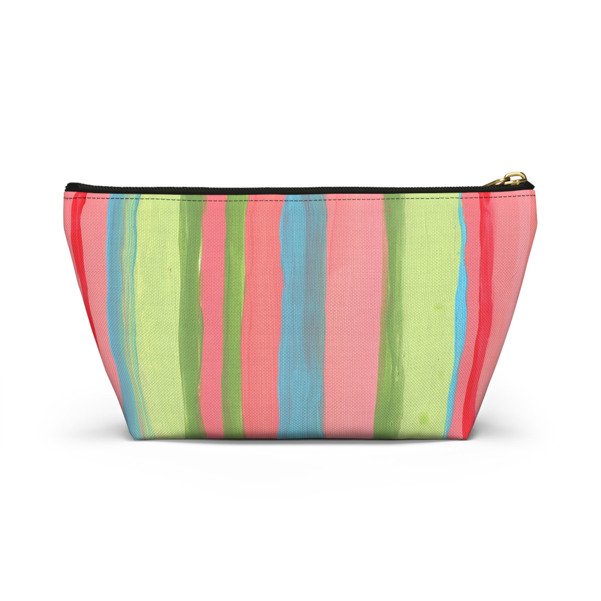 Floral Peacock Accessory Pouch — Colorful Striped T‑Bottom Makeup Bag SMALL