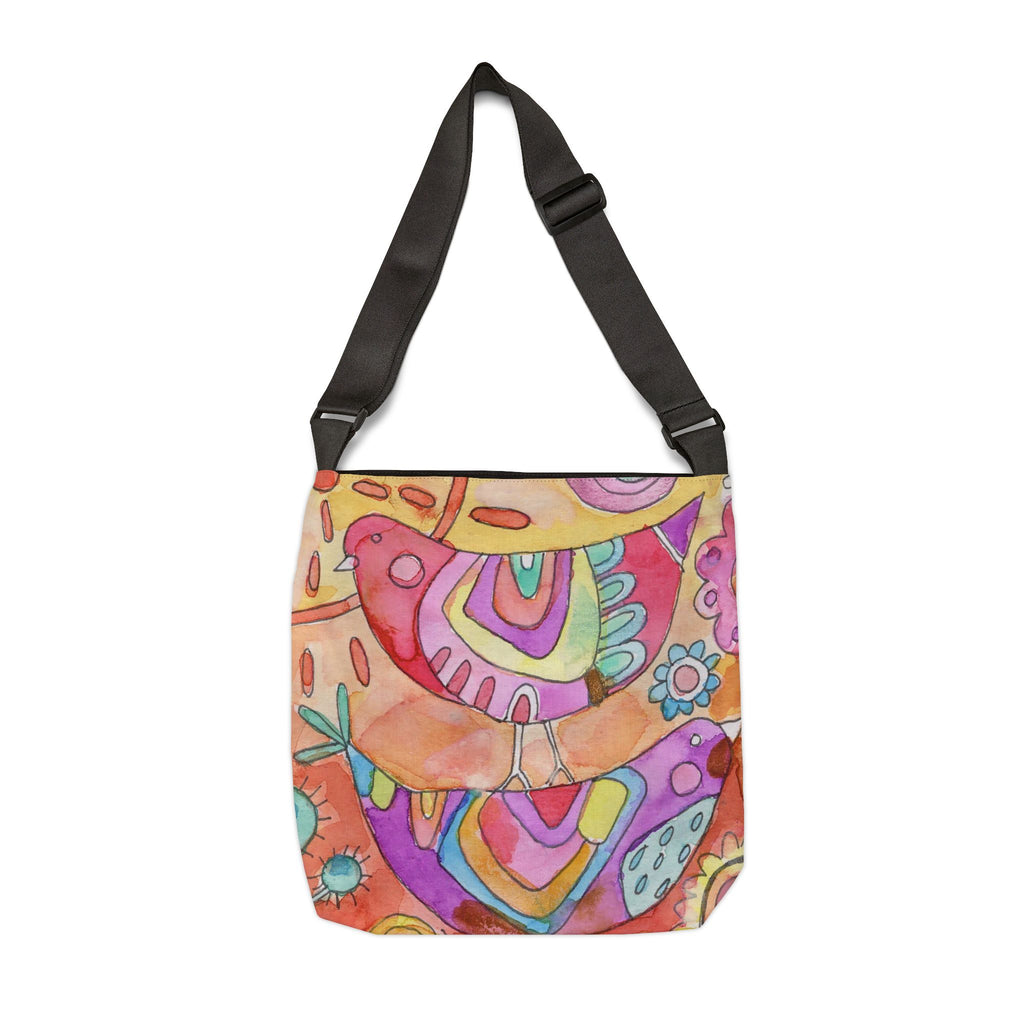 Boho Peace & Happiness Adjustable Tote Bag — Colorful Floral Bird Original Art