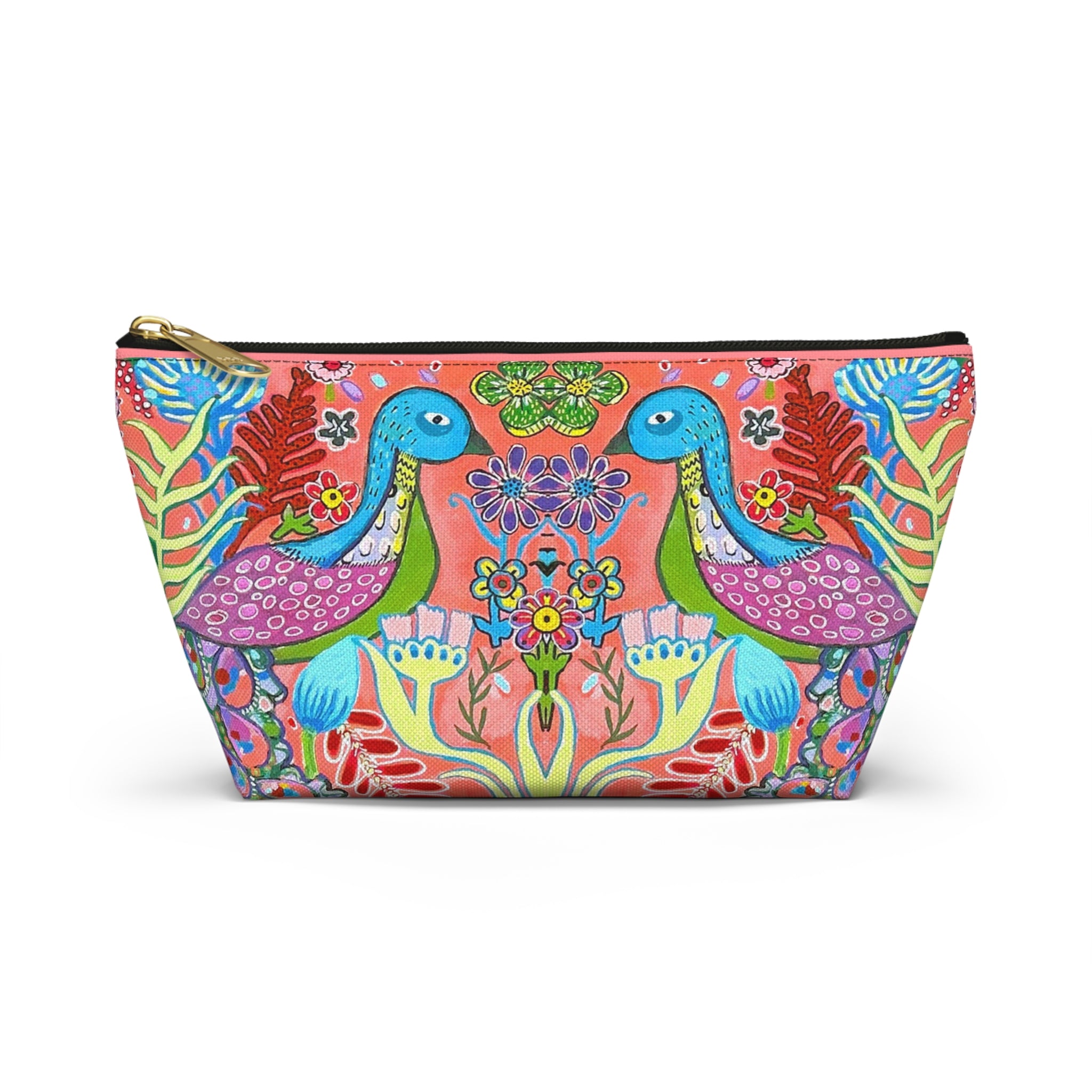 Floral Peacock Accessory Pouch — Colorful Striped T‑Bottom Makeup Bag SMALL