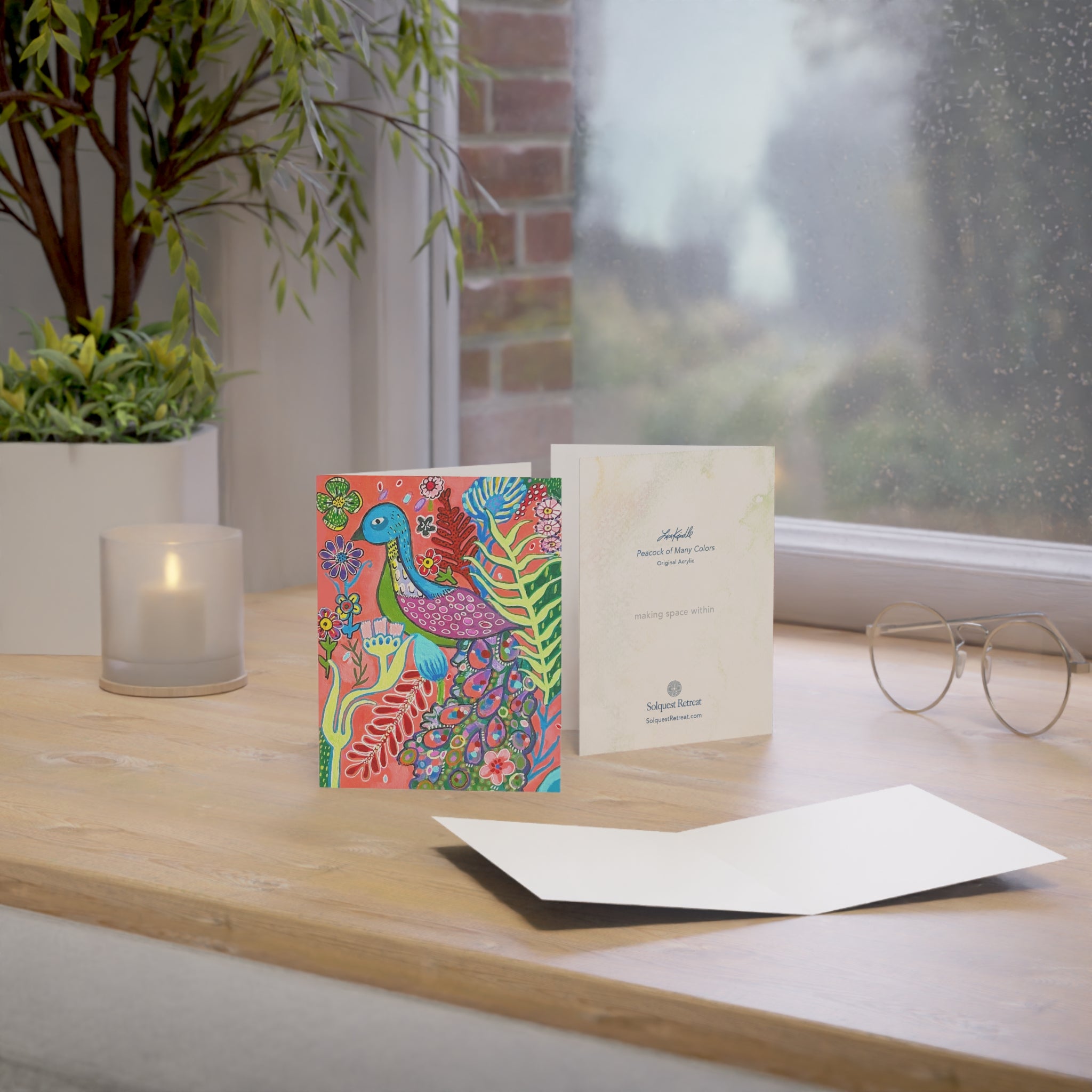 Peacock of Many Colors Greeting Cards – Vibrant Floral Handmade Art (Pack of 1, 10, 30, 50)