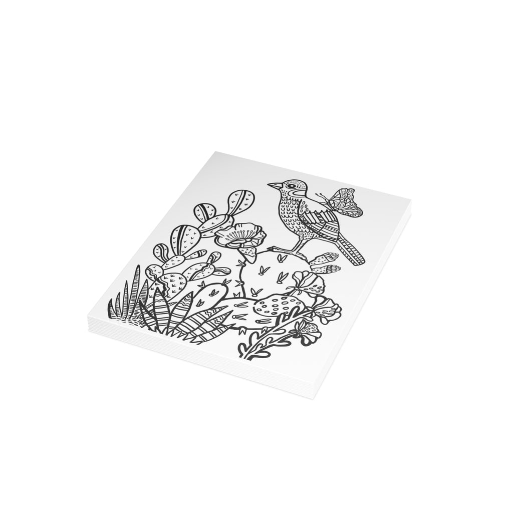Desert Life Coloring Greeting Cards — Pack of 1/10/30/50 (Bird & Cactus Design)