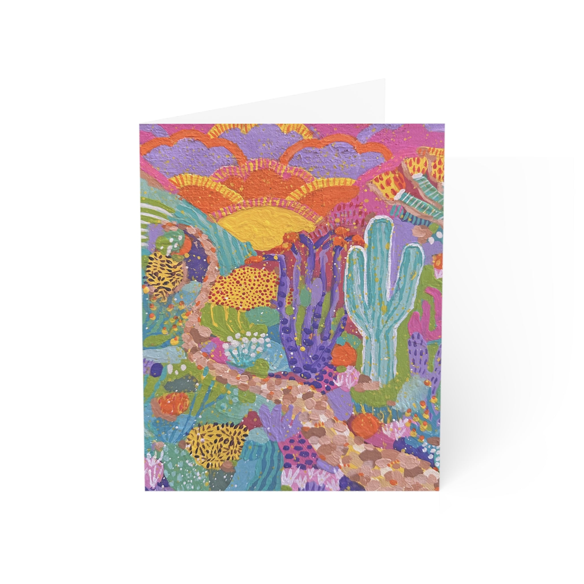 Desert Groove Greeting Card — Colorful Cactus Sunset Art Card (Pack of 1, 10, 30, 50)