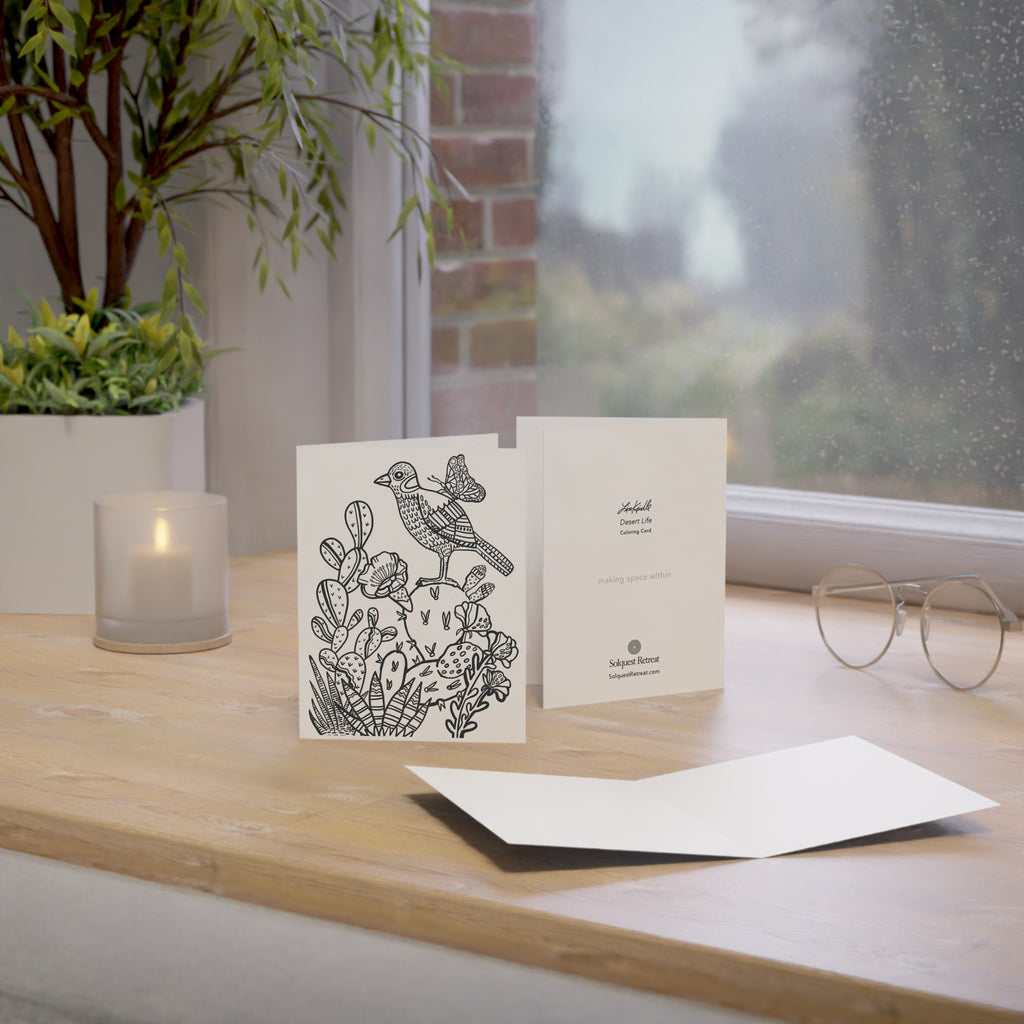 Desert Life Coloring Greeting Cards — Pack of 1/10/30/50 (Bird & Cactus Design)
