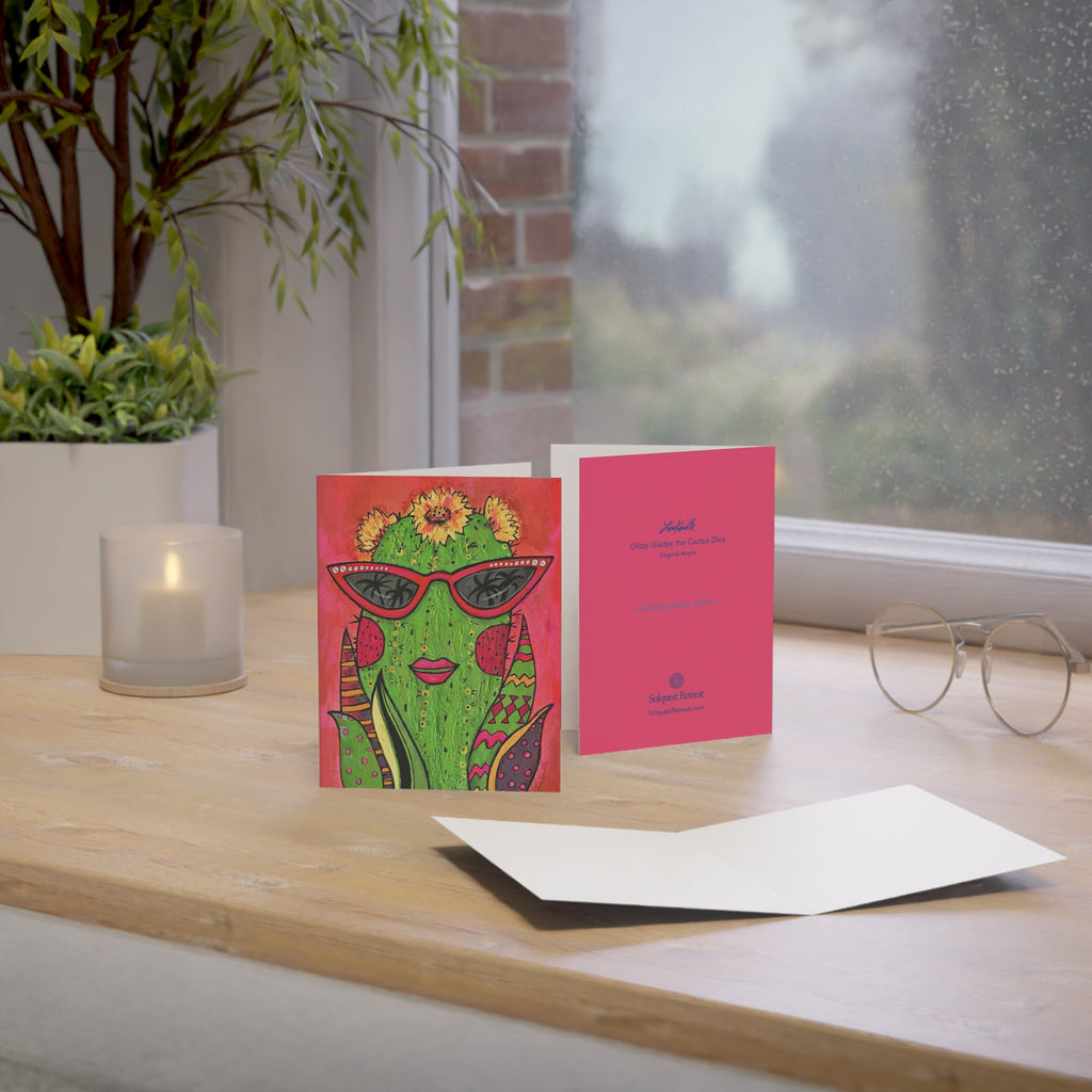 Glitzy Gladys the Diva Cactus — Playful Sunglasses Succulent Note Cards (Set of 1, 10, 30, 50)