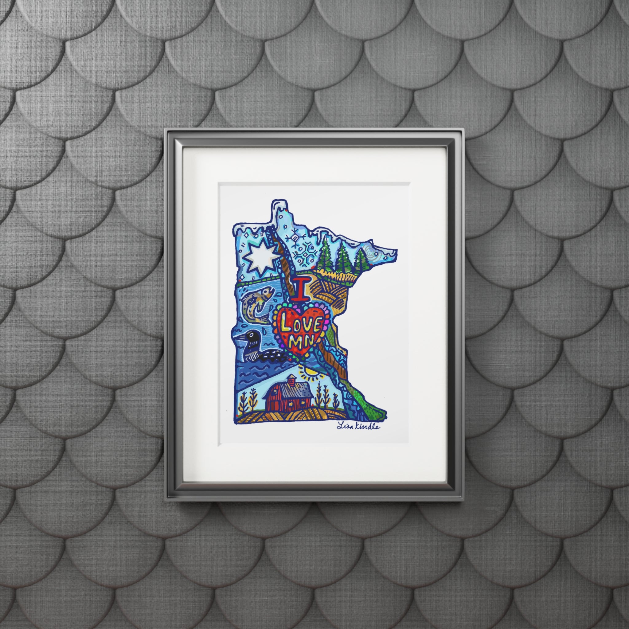Minnesota Map Fine Art Print with "I Love MN" Original Art by Lisa Kindle