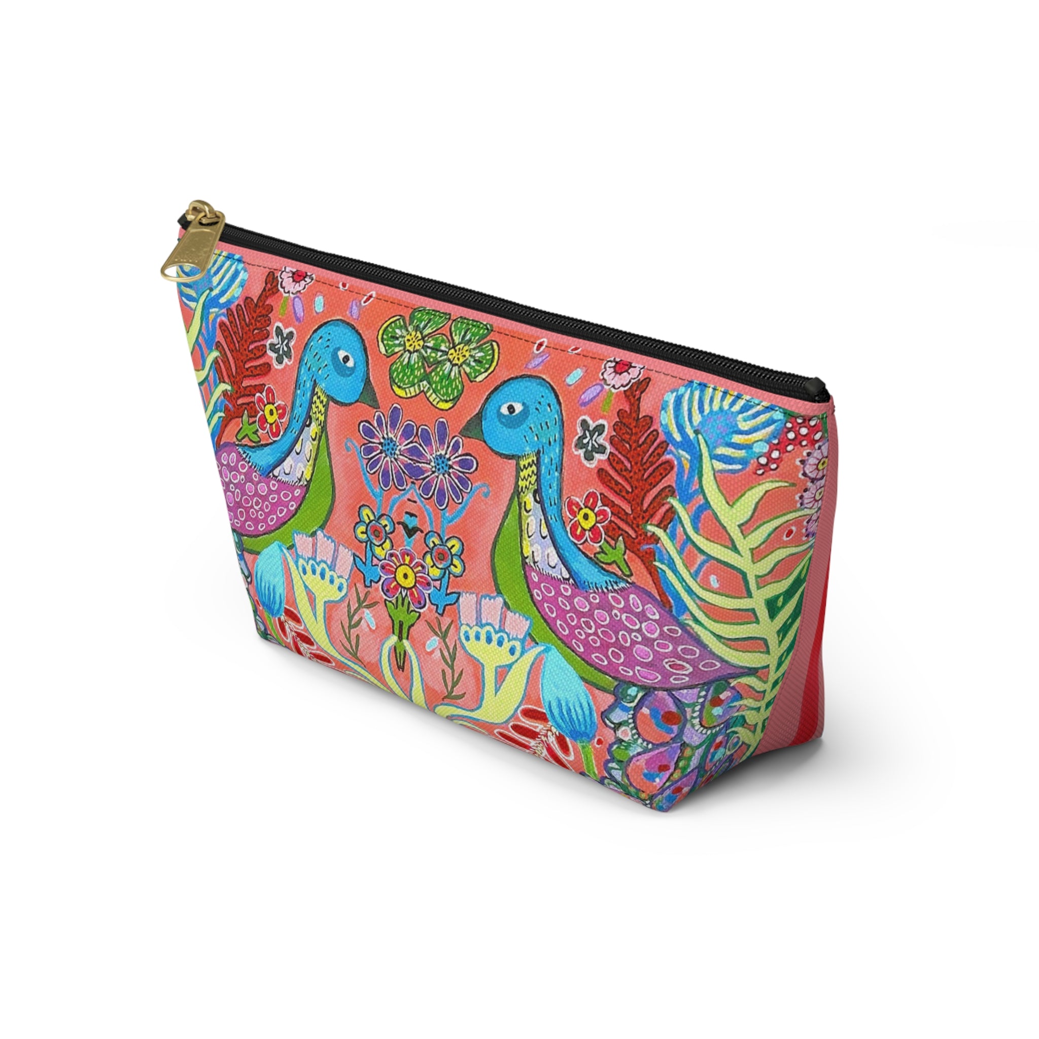 Floral Peacock Accessory Pouch — Colorful Striped T‑Bottom Makeup Bag SMALL