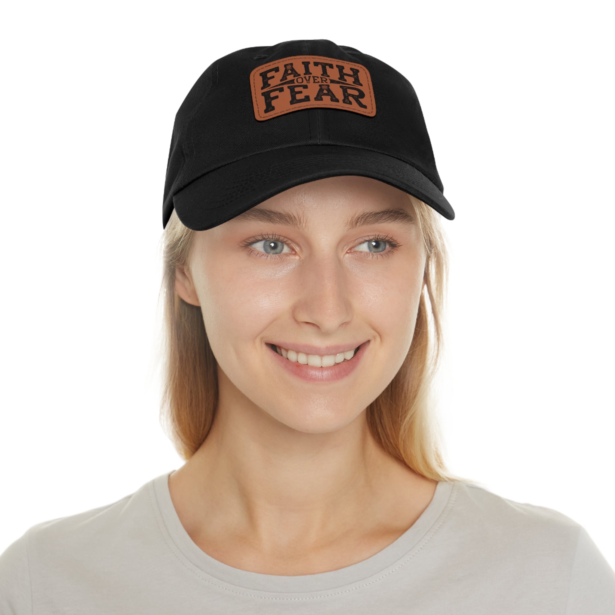Faith Over Fear Leather Patch Dad Hat — Inspirational Christian Baseball Cap