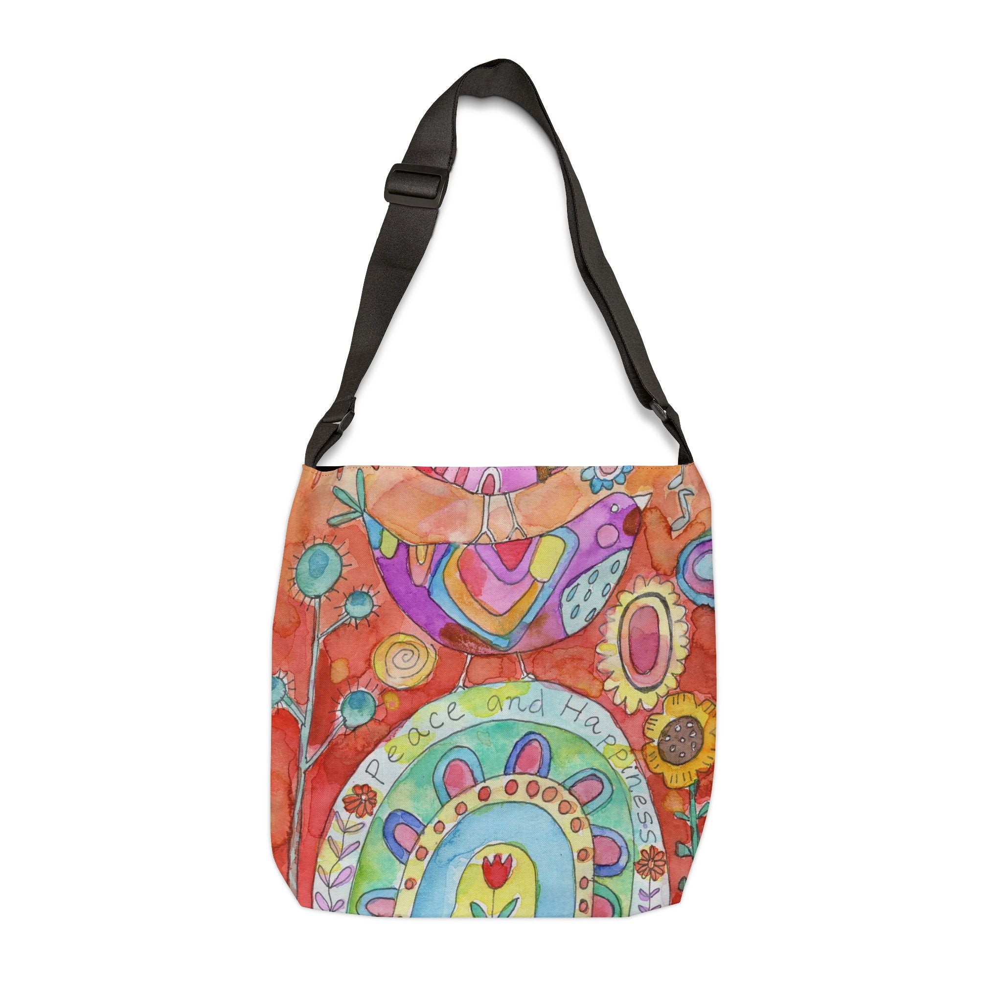 Boho Peace & Happiness Adjustable Tote Bag — Colorful Floral Bird Original Art