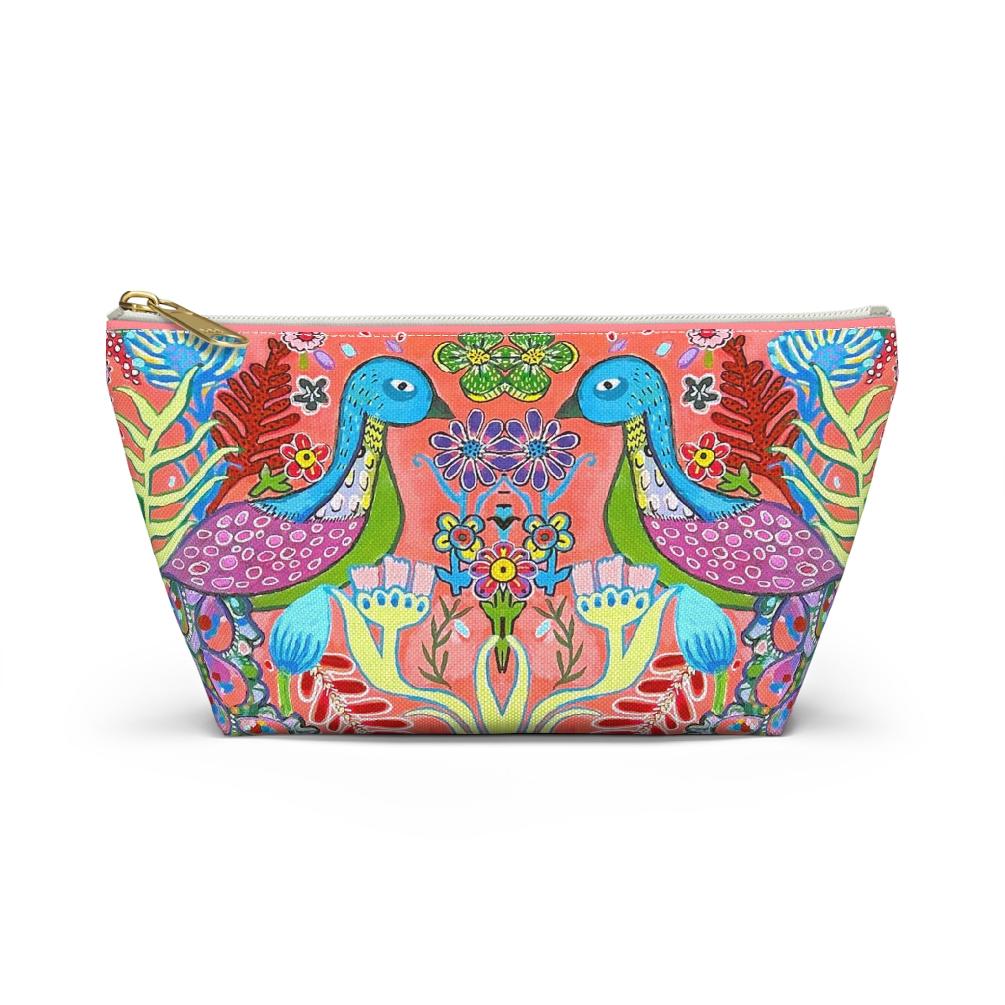 Floral Peacock Accessory Pouch — Colorful Striped T‑Bottom Makeup Bag SMALL