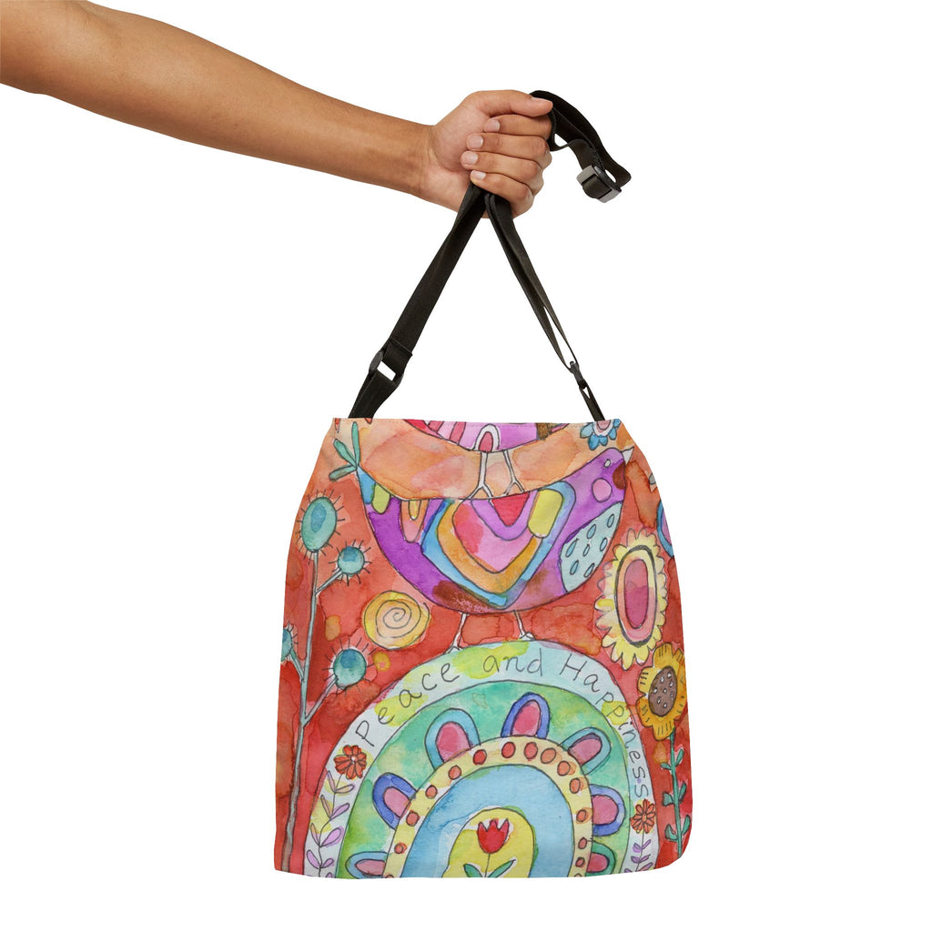 Boho Peace & Happiness Adjustable Tote Bag — Colorful Floral Bird Original Art