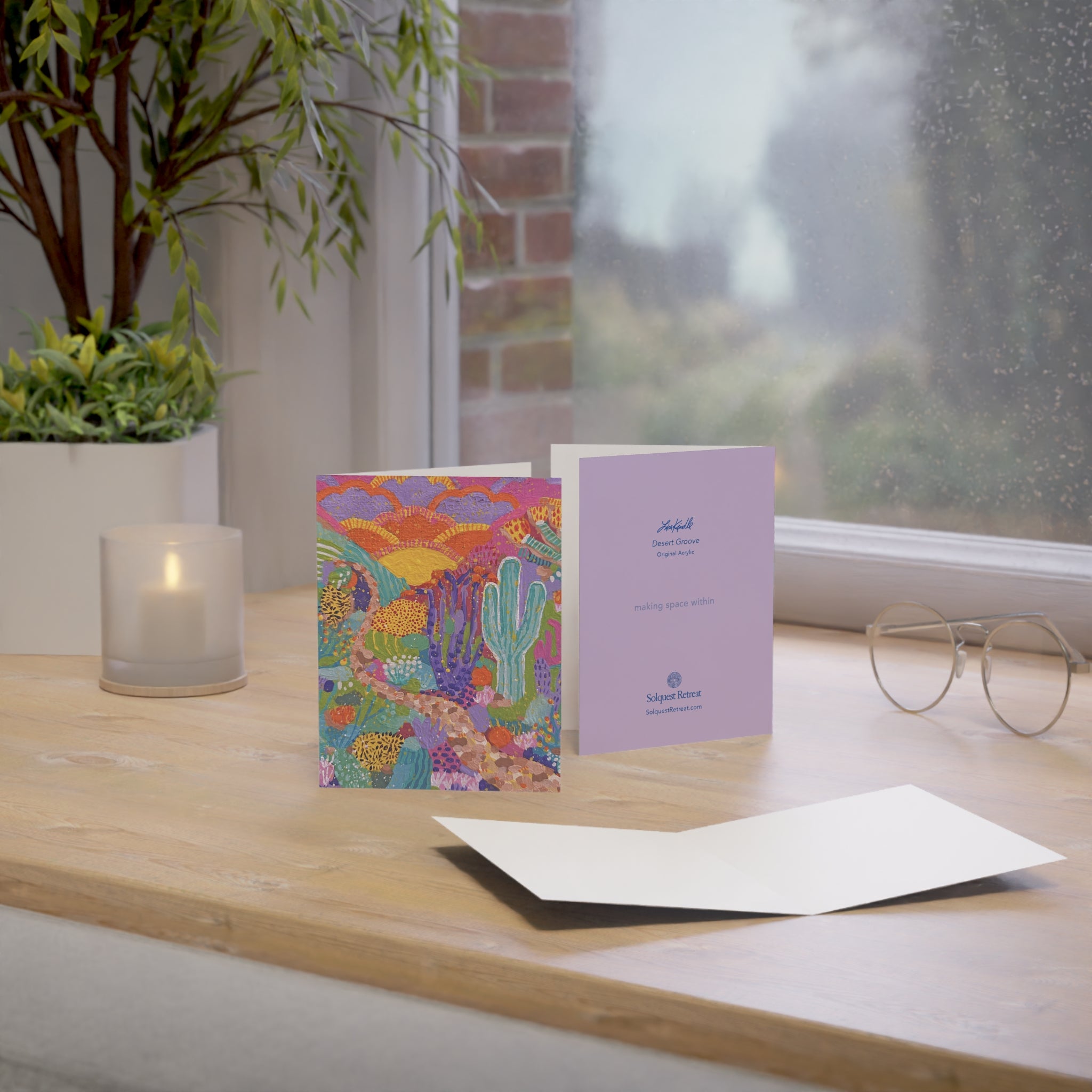 Desert Groove Greeting Card — Colorful Cactus Sunset Art Card (Pack of 1, 10, 30, 50)