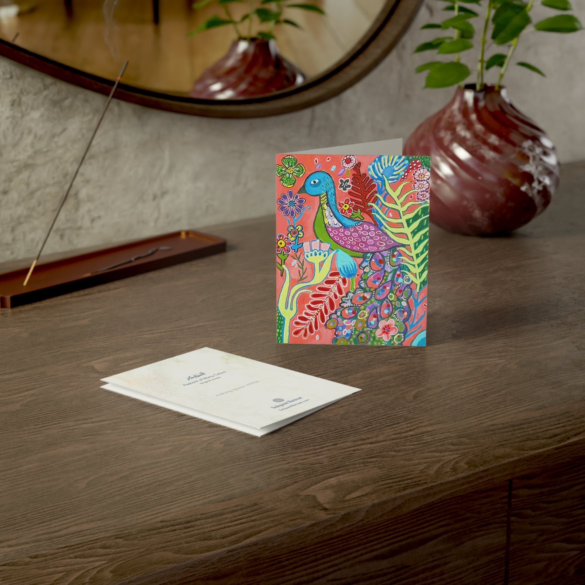 Peacock of Many Colors Greeting Cards – Vibrant Floral Handmade Art (Pack of 1, 10, 30, 50)