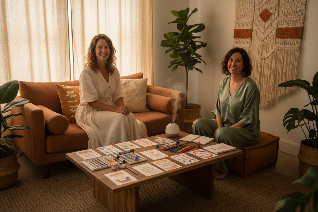 Color Within coaching session with affirmation cards and art supplies